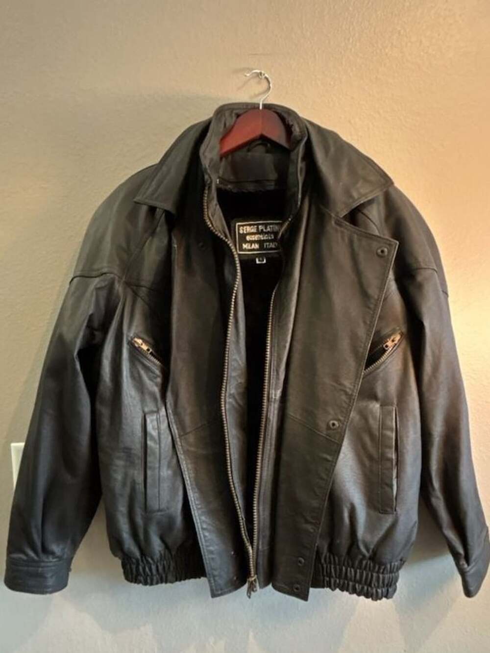 Serge Platini Essentials Milan Italy Black 100% Leather Bomber Jacket Size L